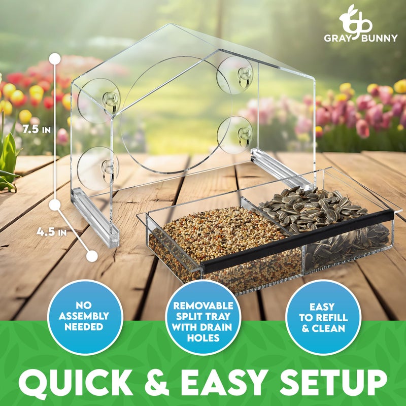 Gray Bunny Window Bird Feeder with Strong Suction Cups - Gifts for Grandma Bird Watching Gifts for Grandpa Backyard Birding (Large House) - Image 2